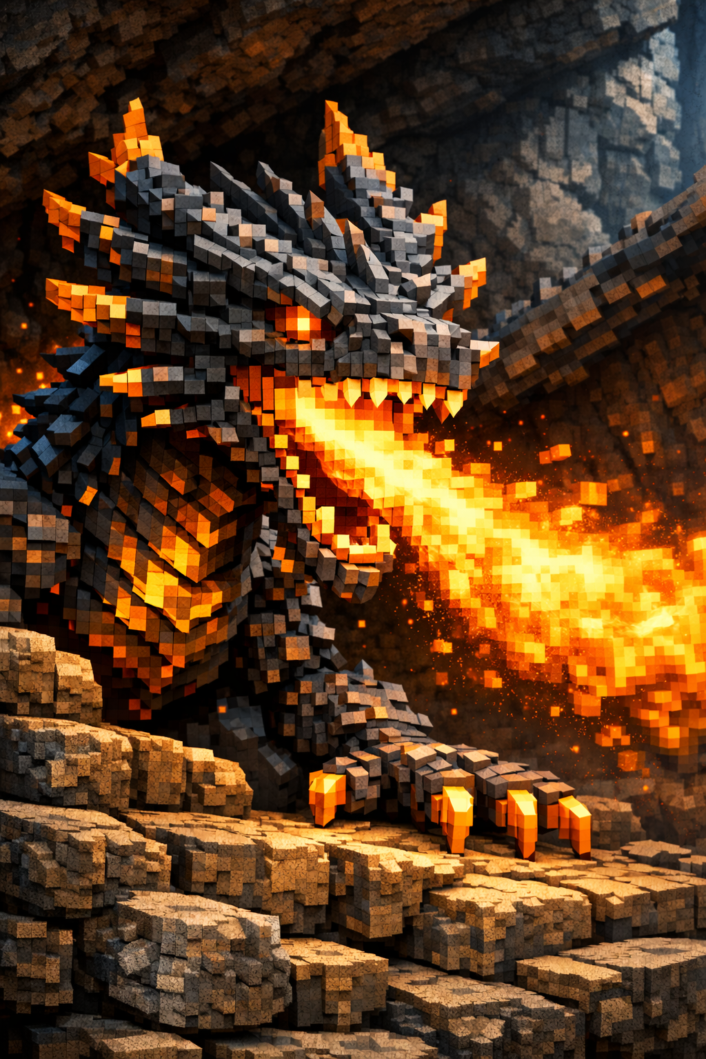 Pixel-styled dragon breathing fire in a rocky fantasy arena