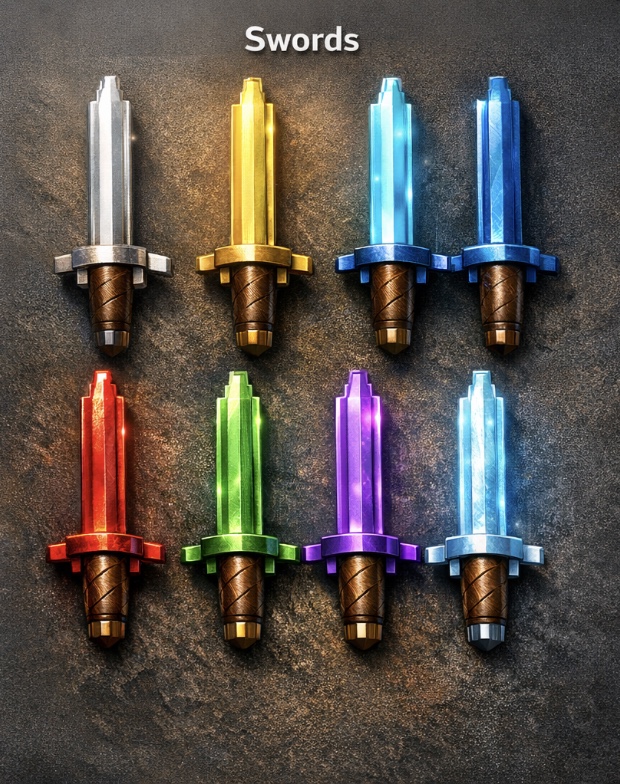 Sword collectible concept sheet with multiple glowing elemental blades